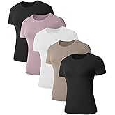 Kinglaman 5 Pack Women's Short Sleeve Basic T Shirts Tees, Slim Fit Crew Neck Tshirt Summer Tops for Casual Workout Trendy