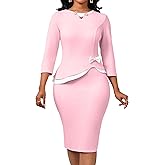 Oxgmoky Women Church Dress Work Business Bodycon 3/4 Sleeve Round Neck Pencil Dresses