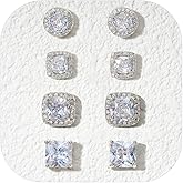 EVER FAITH Round Square Cubic Zirconia Stud Earrings for Women Men, Hypoallergenic Brilliant Simulated Diamond CZ Halo Pierced Earrings Set for Bride (4 Pairs)