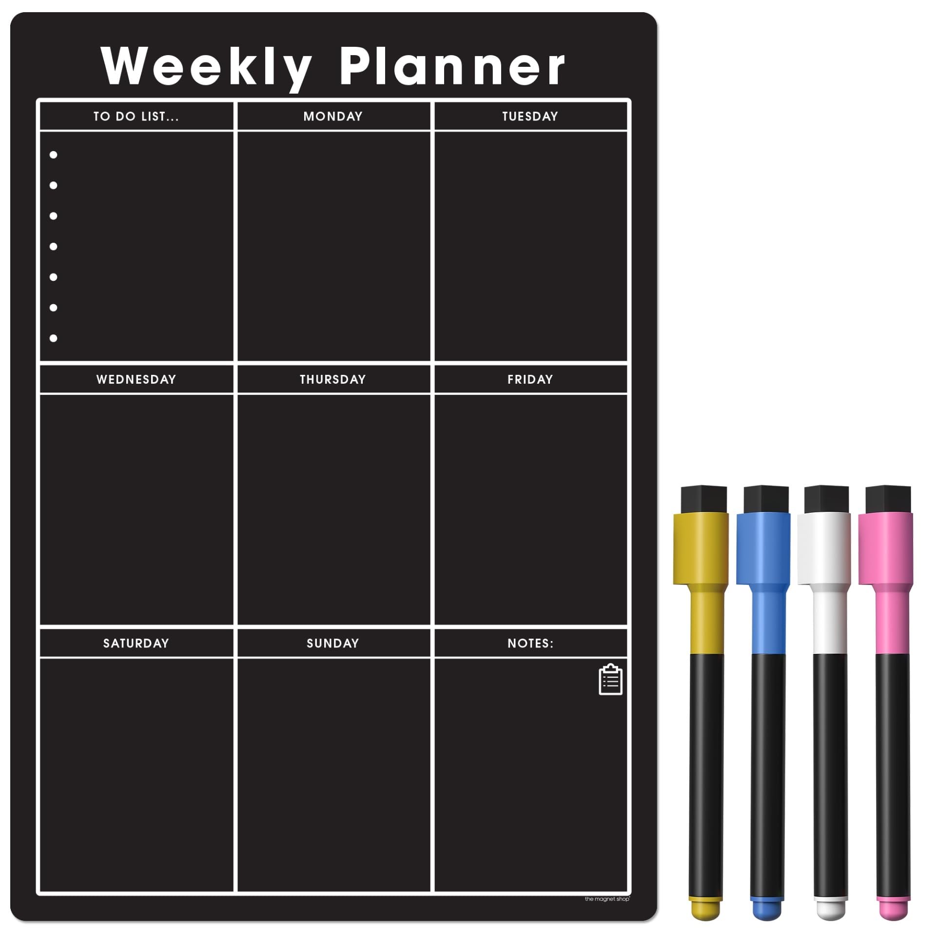 TMS A3 / A4 Multi-Coloured Magnetic Weekly Planner/Memo Board/Calendar – Whiteboard, Shopping List and Meal Planner - with 4 Magnetic Dry Wipe Pens