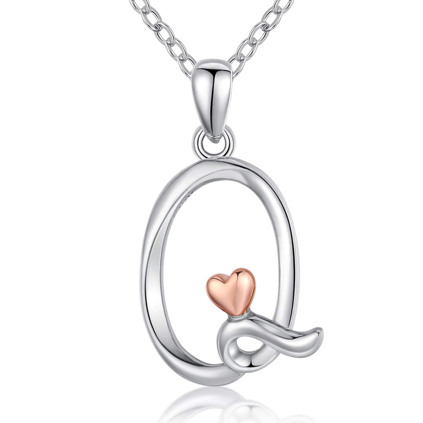 CELESTIA 925 Sterling Silver Initial Letter Q & Heart Pendant Necklace for Women Girls, Personalized Jewellery Gifts for Her