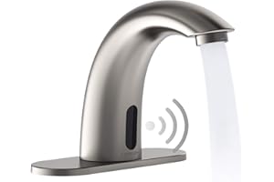 PRIMSOPH Automatic Motion Sensor Hands Free Electronic Infrared Smart Commercial Touchless Bathroom Sink Faucet with Cover Plate Temperature Mixer Battery or Plug-in Powered Brushed Nickel