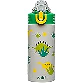 Zak Designs Sage Kids Water Bottle For School, Travel or At Home, 14oz Stainless Steel Water Bottle With Straw, Handle, and Leak-Proof, Pop-Up Spout Cover (Dino)