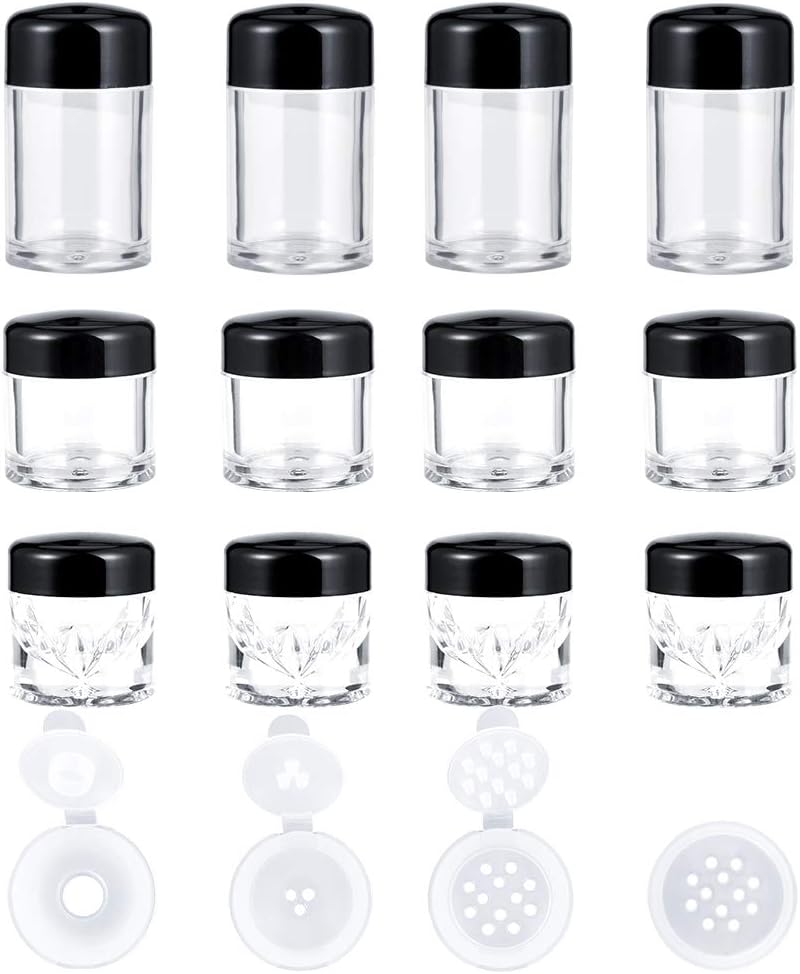 Vathery Travel Plastic Cosmetic Container with Lid 12pcs Empty Pot Jars with Sifter, 3/5/10ml Storage Bottles
