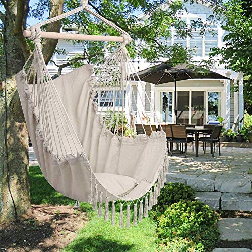 SUOMO Hängesessel Baumwoll-Hängematten-Stuhlschaukel, große hängende Swing-Stuhl-Sling mit Stabiler Holzstab, hängender… – Bild 4