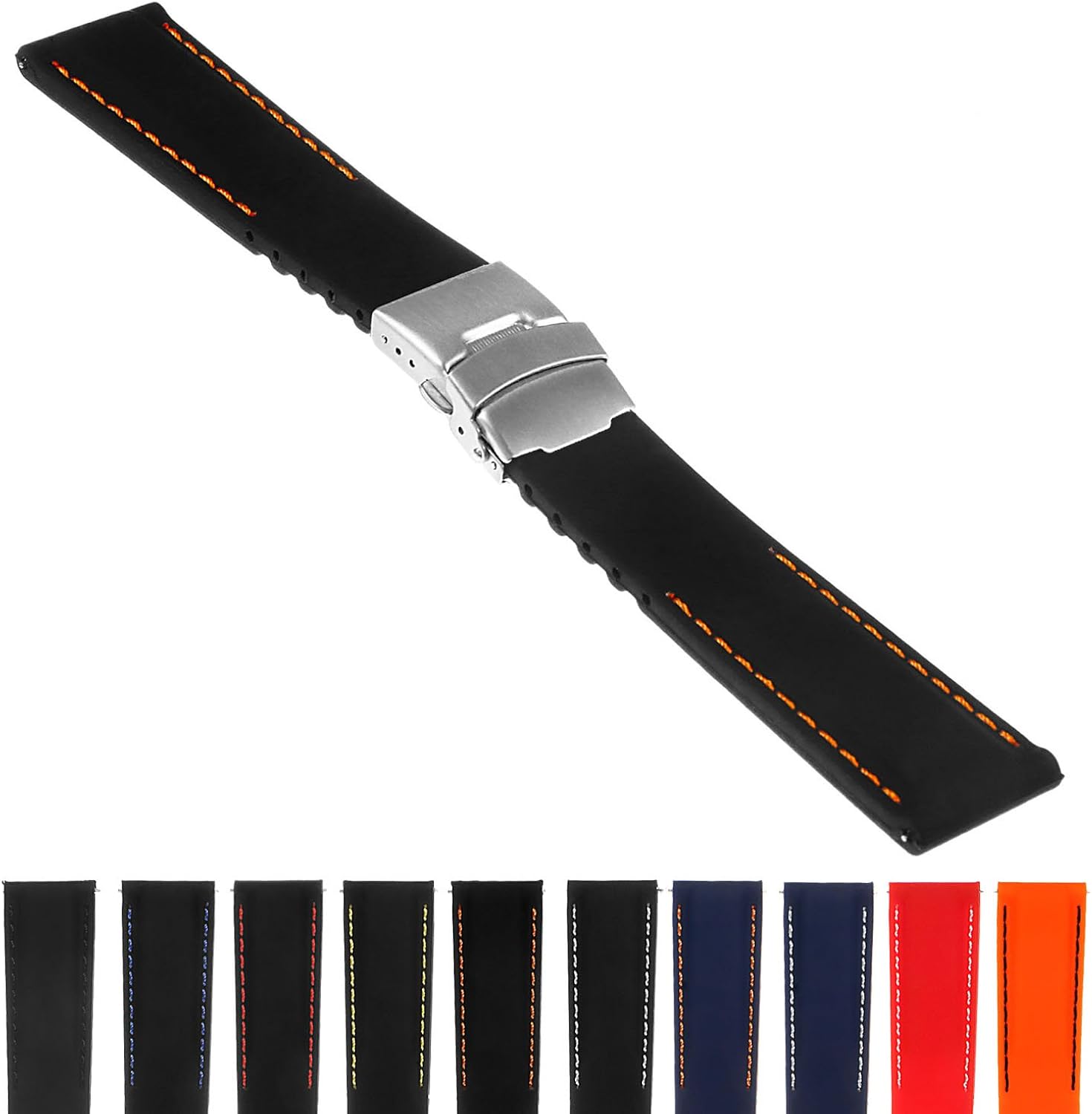Bracelet De Montre En Cuir Carbone Noir Avec Couture Orange - Dégagement Rapide, Taille M - Neuf Avec étiquettes