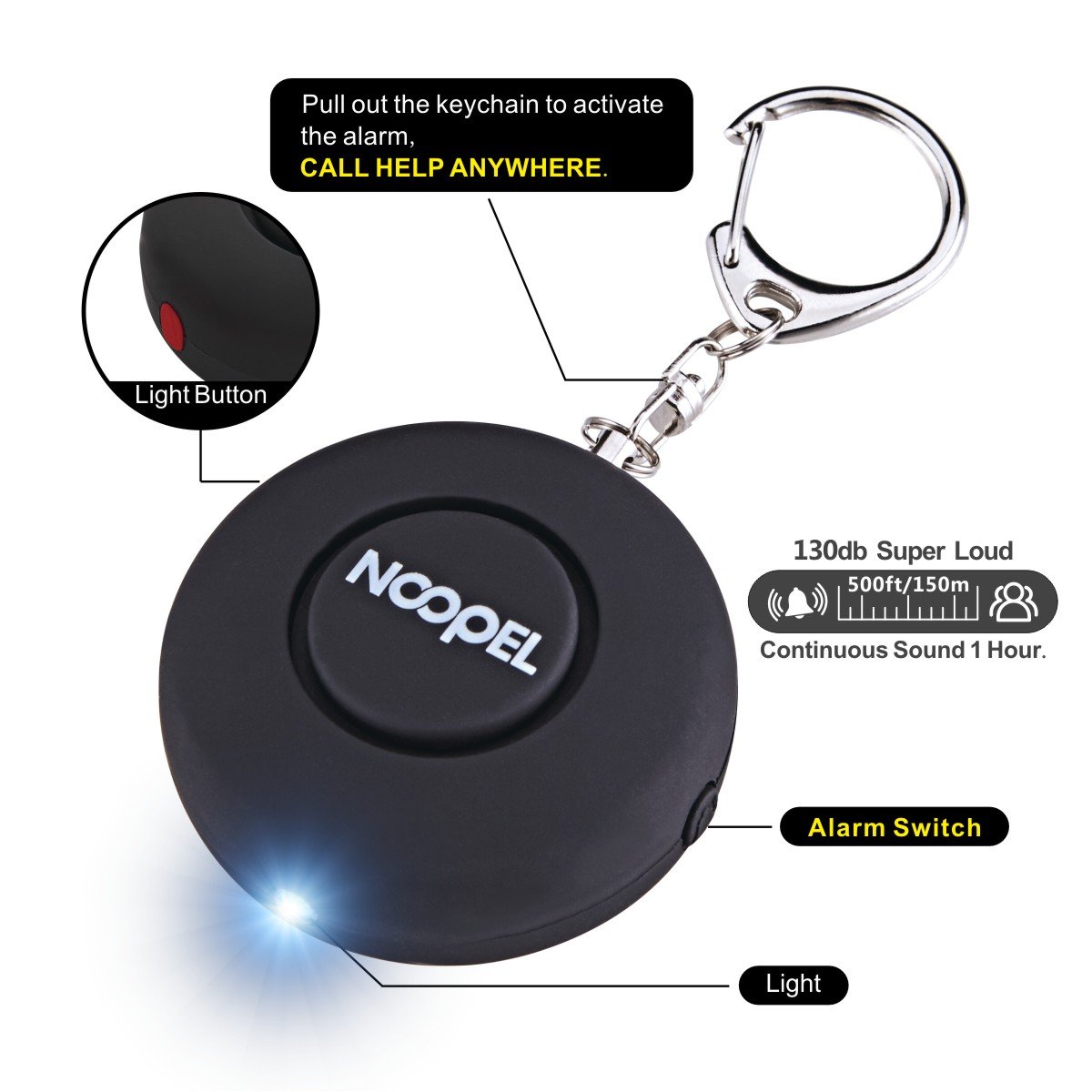 Personal Alarm 130db Personal Safety Alarm Noopel Panic Alarm Rape Alarm Security Alarm Self Defense Alarm for Women Kids Student with Keychain and Flashlight(Black)
