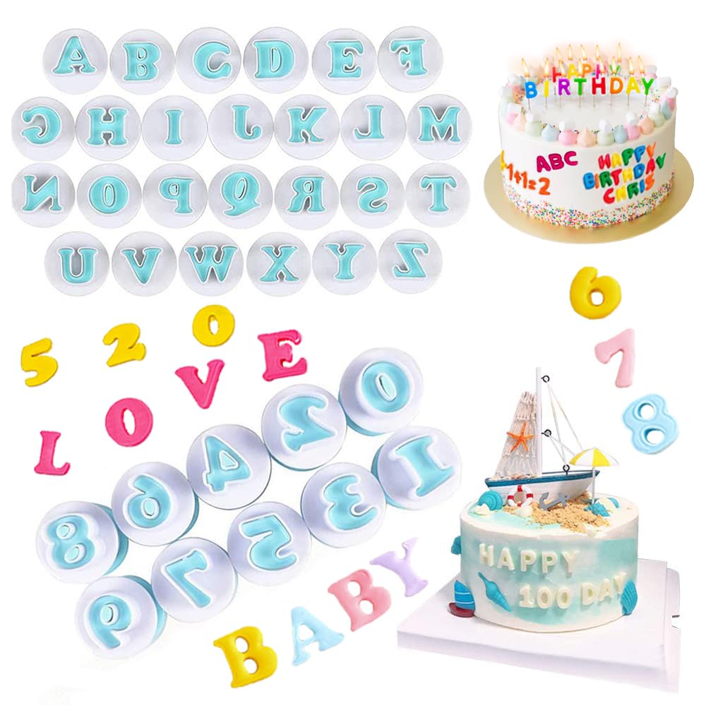 36Pcs Alphabet Cookie Cutter Fondant Letter Cutters Cake Decorations Number Plunger Moulds Icing Cutters Biscuit Embosser Baking Mold for Birthday Baby Shower Party Cake Decorations