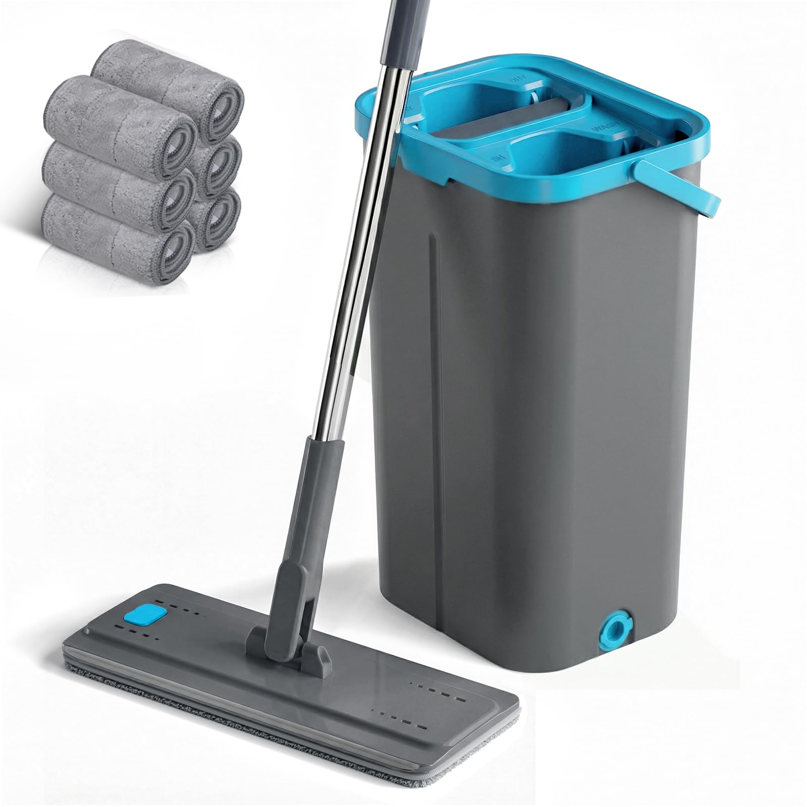 Flat Floor Mop and Bucket Set with Wringer, MASTERTOP 2-in-1 Cleaning System Includes 140cm Telescopic Handle&6 Super Absorbent Pads,Compact Lightweight Bucket for Tile, Laminate, Hardwood Floor