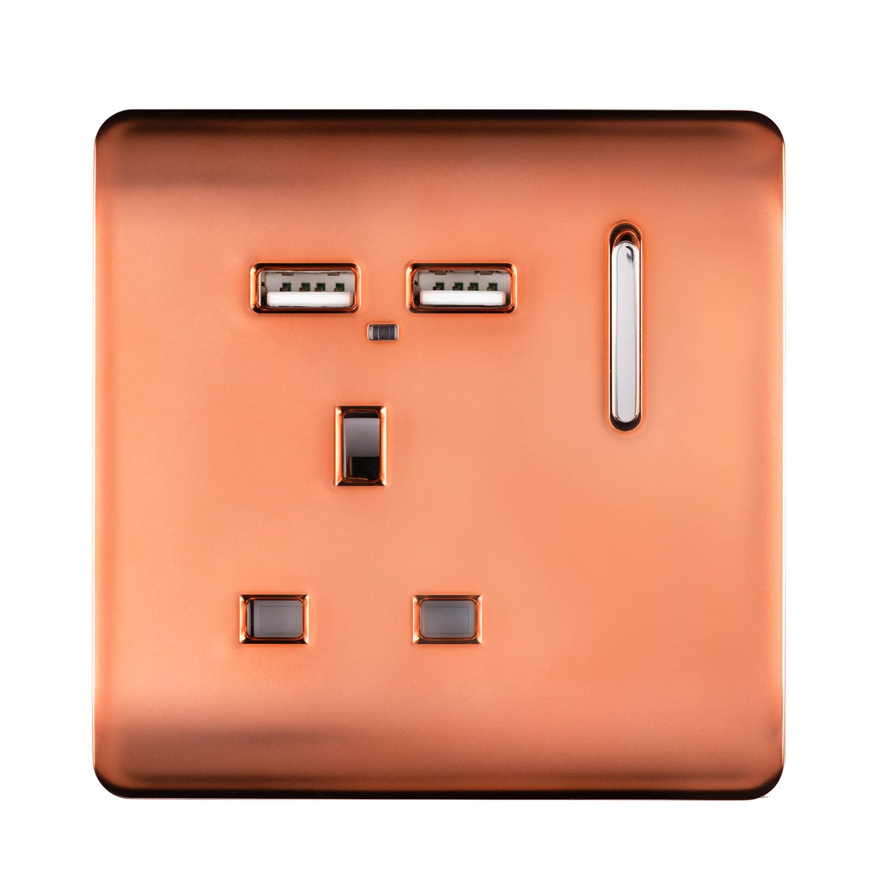 Trendi 1 Gang Single Switched Screwless Artistic Modern Glossy 13 Amp 2x Type A 2.1A USB Charging Port 13A Wall Outlet Plug Socket in Copper - ART-SKT13USBCPR