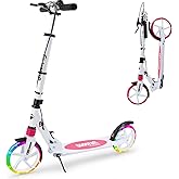 LED Light Up Large Wheels Scooter for Kids Ages 6-12 and Adults with Handbrake, Kick Scooters for Teens 12 Years and Up with Carry Strap and Bell, Easy Fold, Height Adjustable