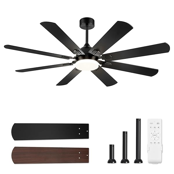FANBULOUS 62 INCH CEILING FANS WITH LIGHTS, BLACK MODERN CEILING FAN WITH REMOTE,LARGE FARMHOUSE INDOOR & OUTDOOR CEILING FAN WITH 8 DUAL FINISH BLADES, QUIET DC MOTOR, BRIGHT LED LIGHT