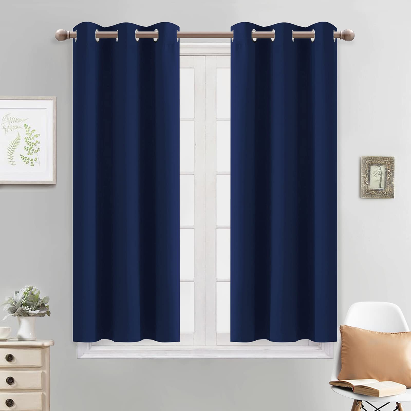 Yakamok Thermal Insulated Grommet Blackout Curtains for Bedroom, 45 Inch Length Light Blocking Blackout Drapes for Living Room, Navy Blue, 38W x 45L, 2 Panels