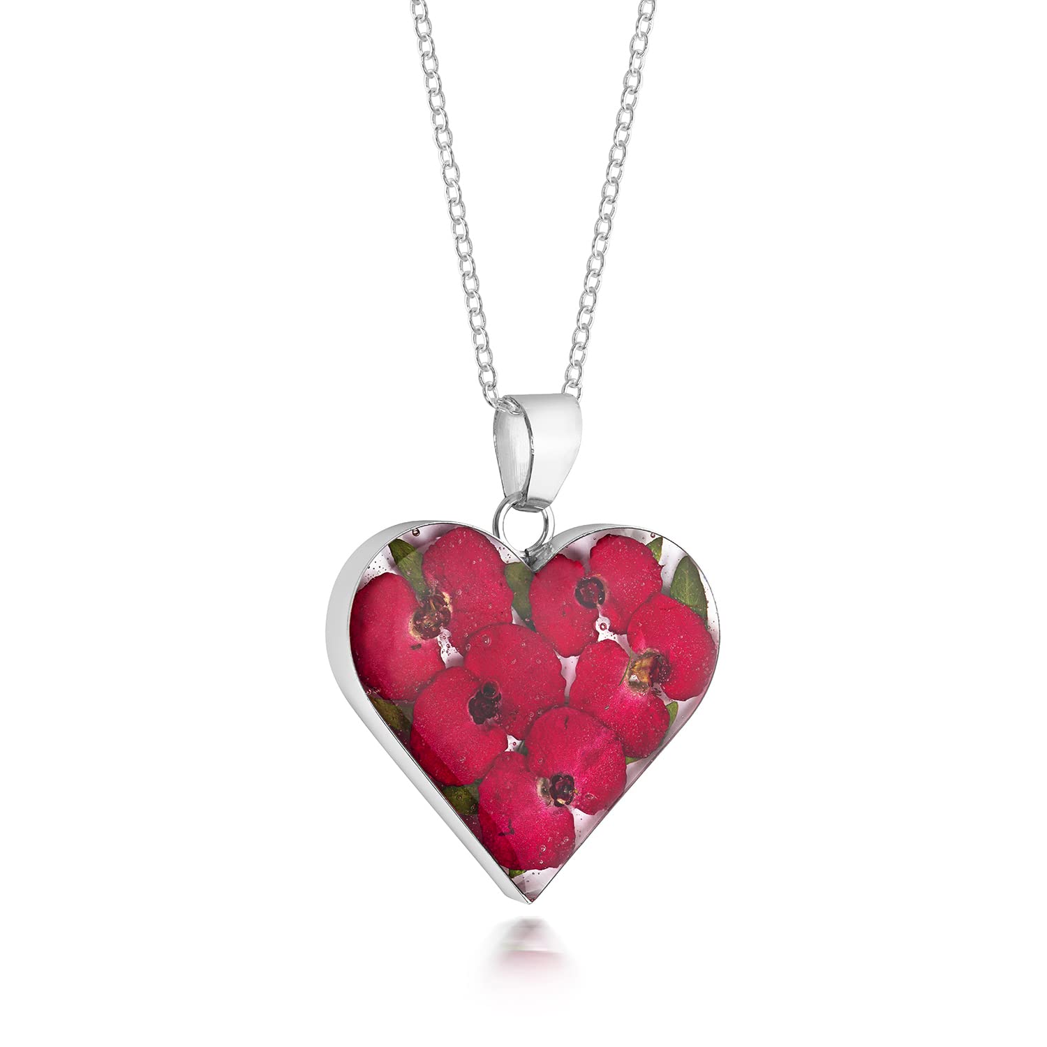 Natural Flower Jewellery Sterling Silver Large Heart Pendant Made with Real Poppies