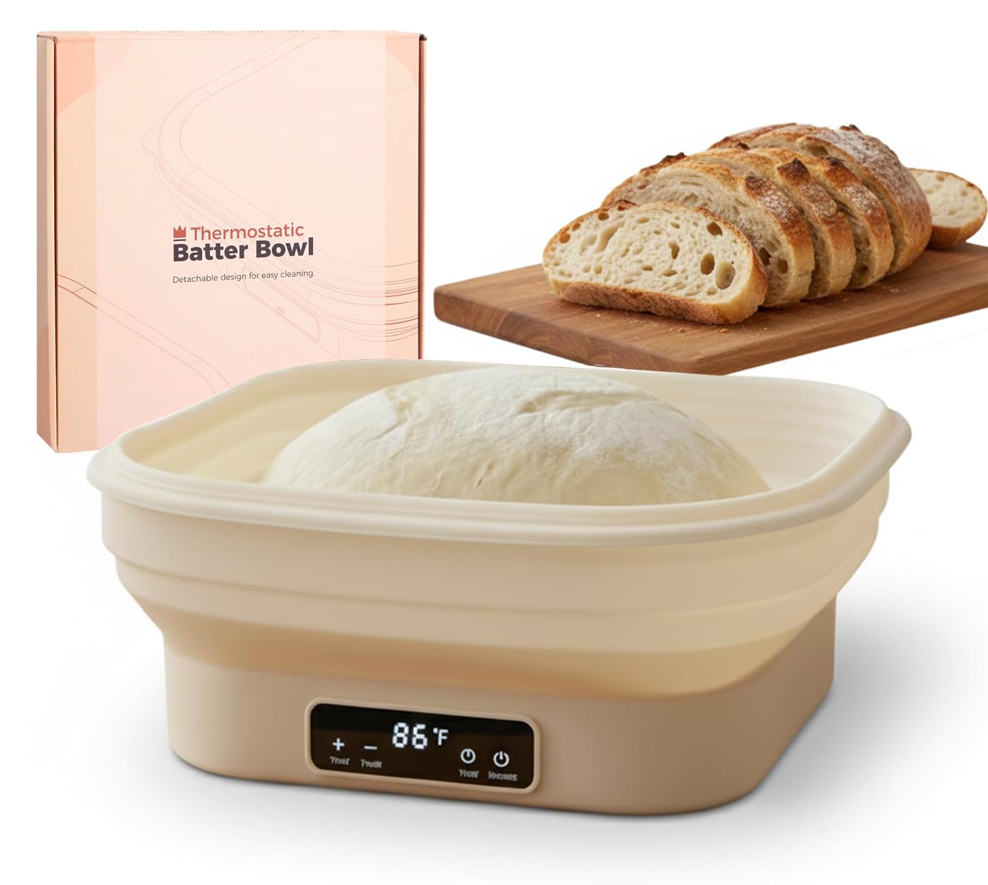 Photo 1 of *Dirty* Food-Safe Silicone Bread Proofing Basket, 1 Gallon / 4L Capacity, 11" Electric Sourdough Starter Kit, 6 Temp Switchable, Auto-Shut off Heating Proofing Bowl, Timer, Dishwasher Safe, Gift for Bakers
