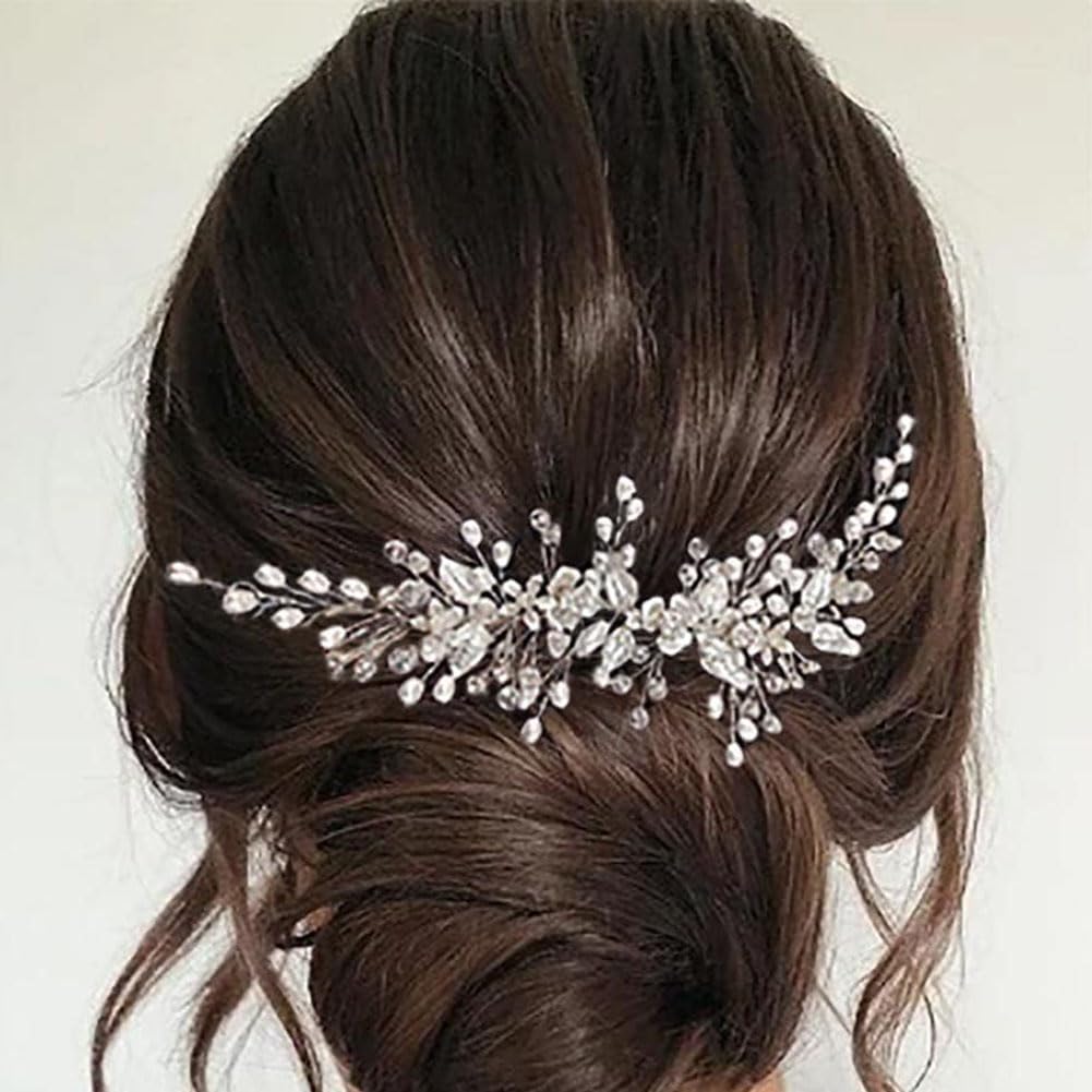 Clataly Wedding Bride Headband Flower Hair Vine Silver Leaf Bridal Hair Piece Pearls Hair Accessories for Women Girls