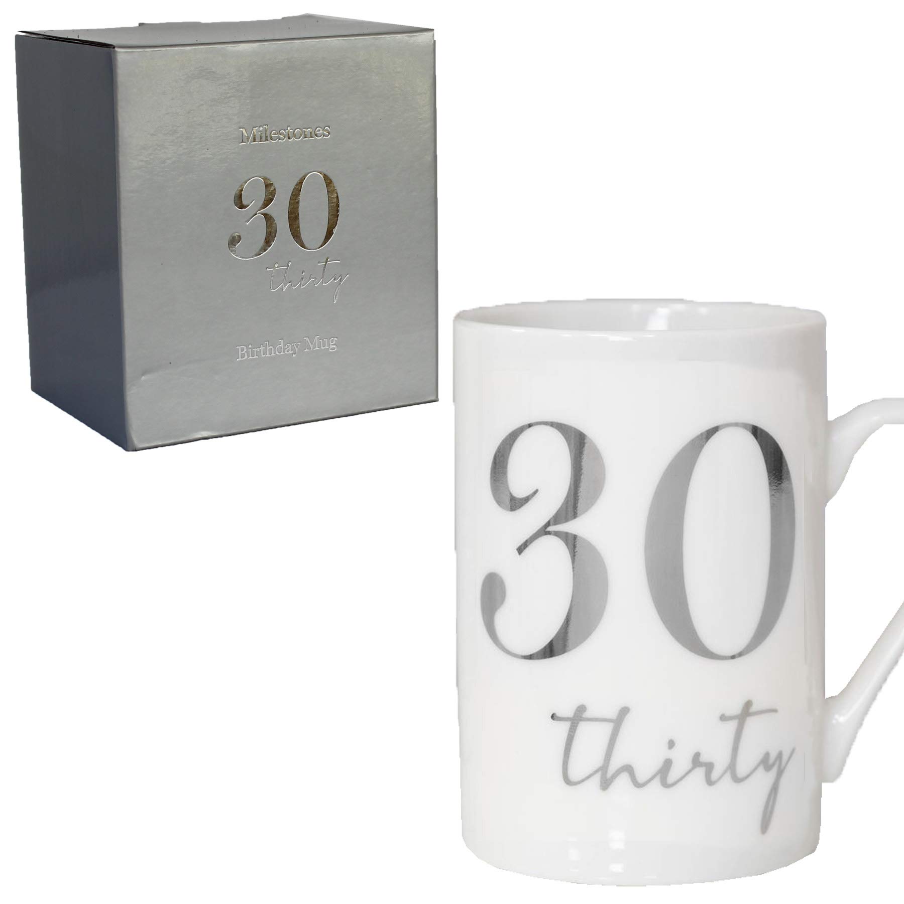 Widdle Gifts White Bone China Mug with Silver Foil Number - 30th Thirty 30 Birthday