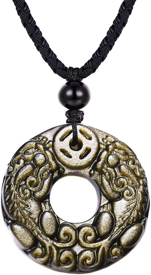 HASKARE Natural Energy Stone Pendant Engraved Black Obsidian Healing Necklace Adjustable Size 27.5inch