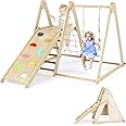 JOYMOR 7-in-1 Indoor Jungle Gym Foldable Climbing Set with Adjustable Swing & Secret Base Playground, Wooden Indoor Gym for Toddlers with Net, Ladder, Colorful-Patterns Rock Wall