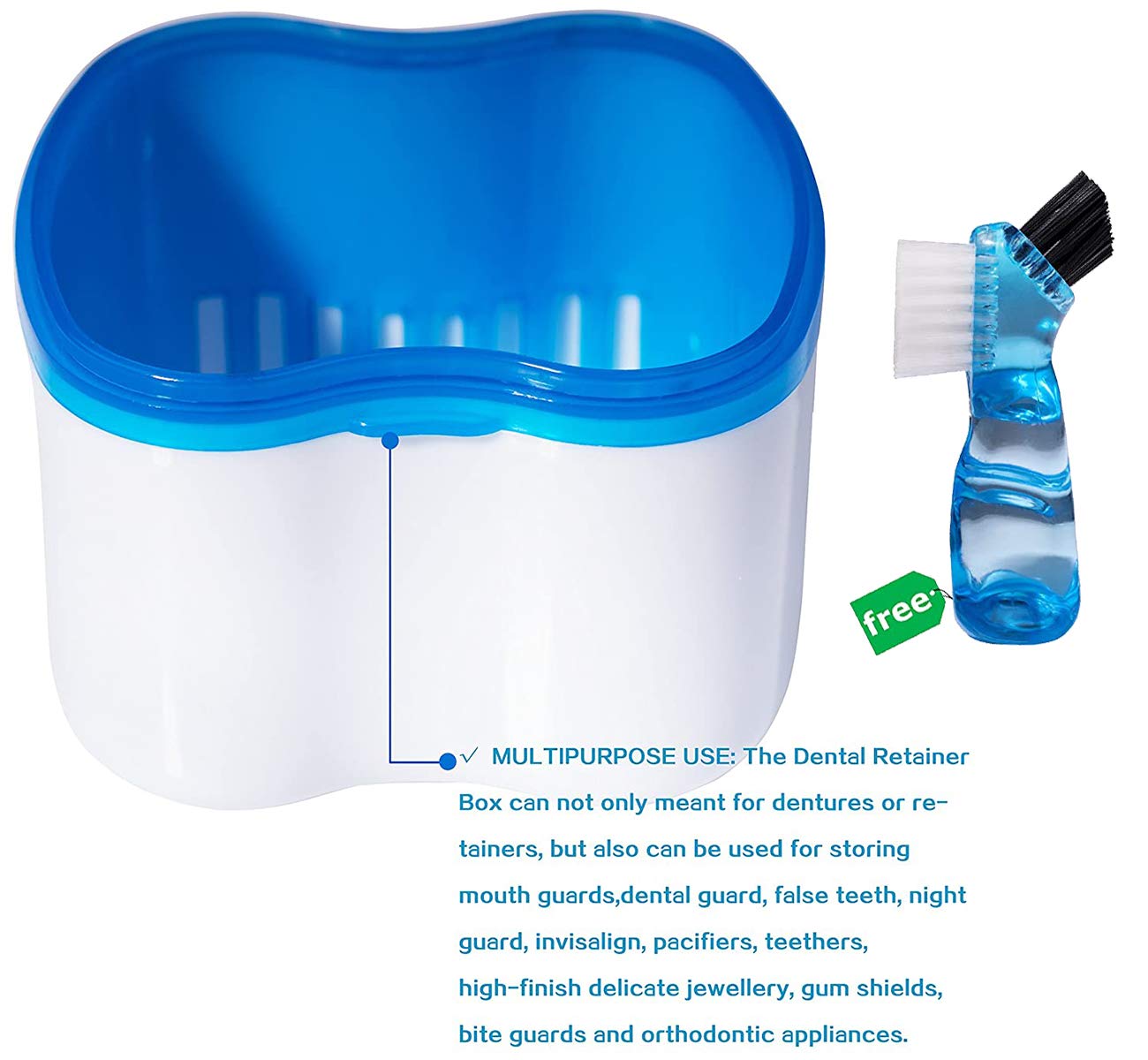Denture Brush Retainer Case, Denture Case, Denture Cups Bath, Dentures Container with Basket Denture Holder for Travel, Mouth Guard Night Gum Retainer Container (Blue) : Beauty