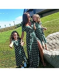 PopReal Mommy and Me Vestidos Vintage lunares con cuello en V Apertura lateral Maxi trajes a juego con cinturón