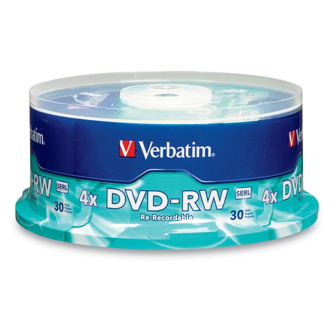 Verbatim DVD-RW 4.7GB 120Min Up to 4X Blank Discs Rewritable Up to 1000 times – 30 Pack Spindle