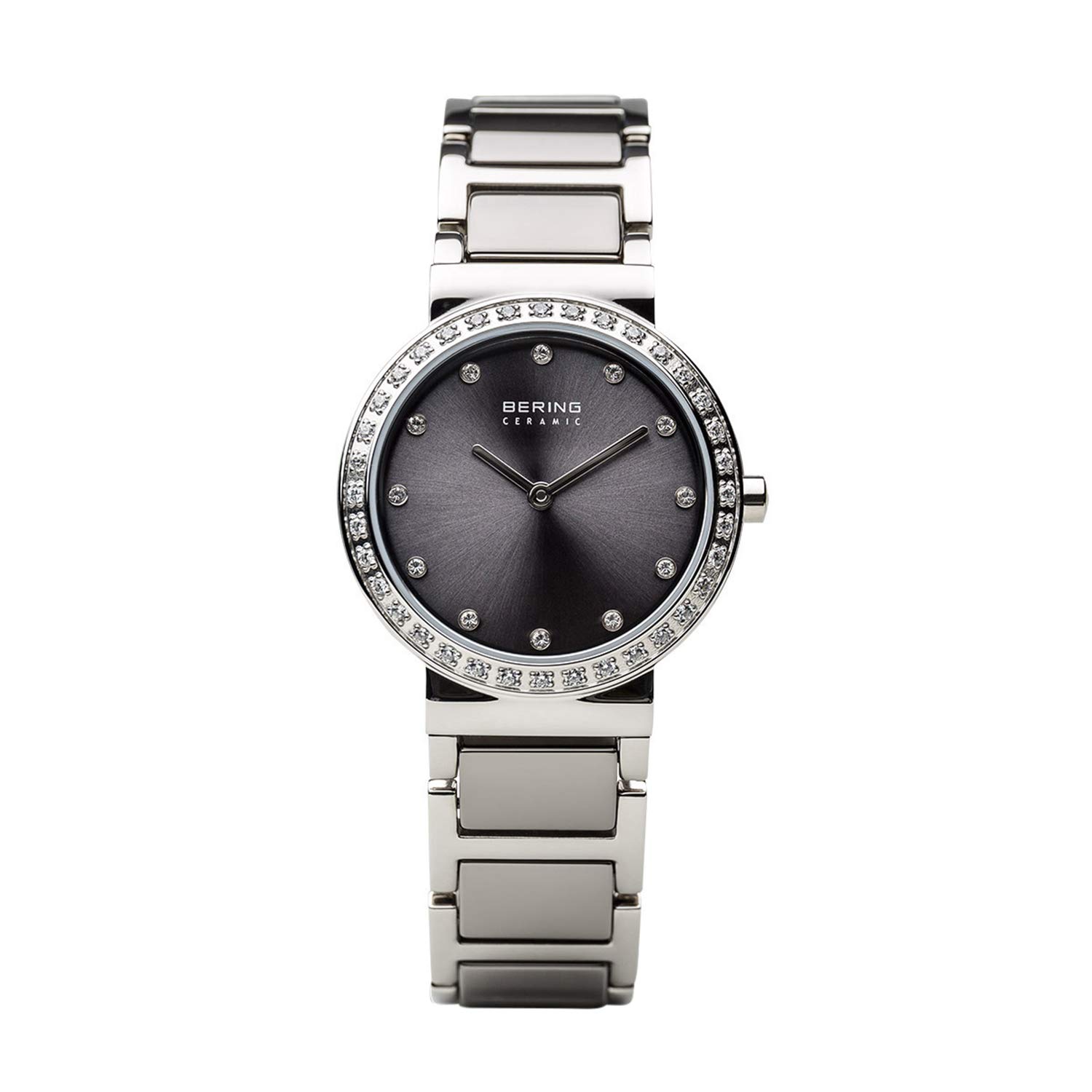 BERING Women's Quartz Watch, 29 mm Silver Stainless-Steel Case and Grey Dial, Stainless-Steel Strap with Ceramic Elements, 5 ATM, 10729-703
