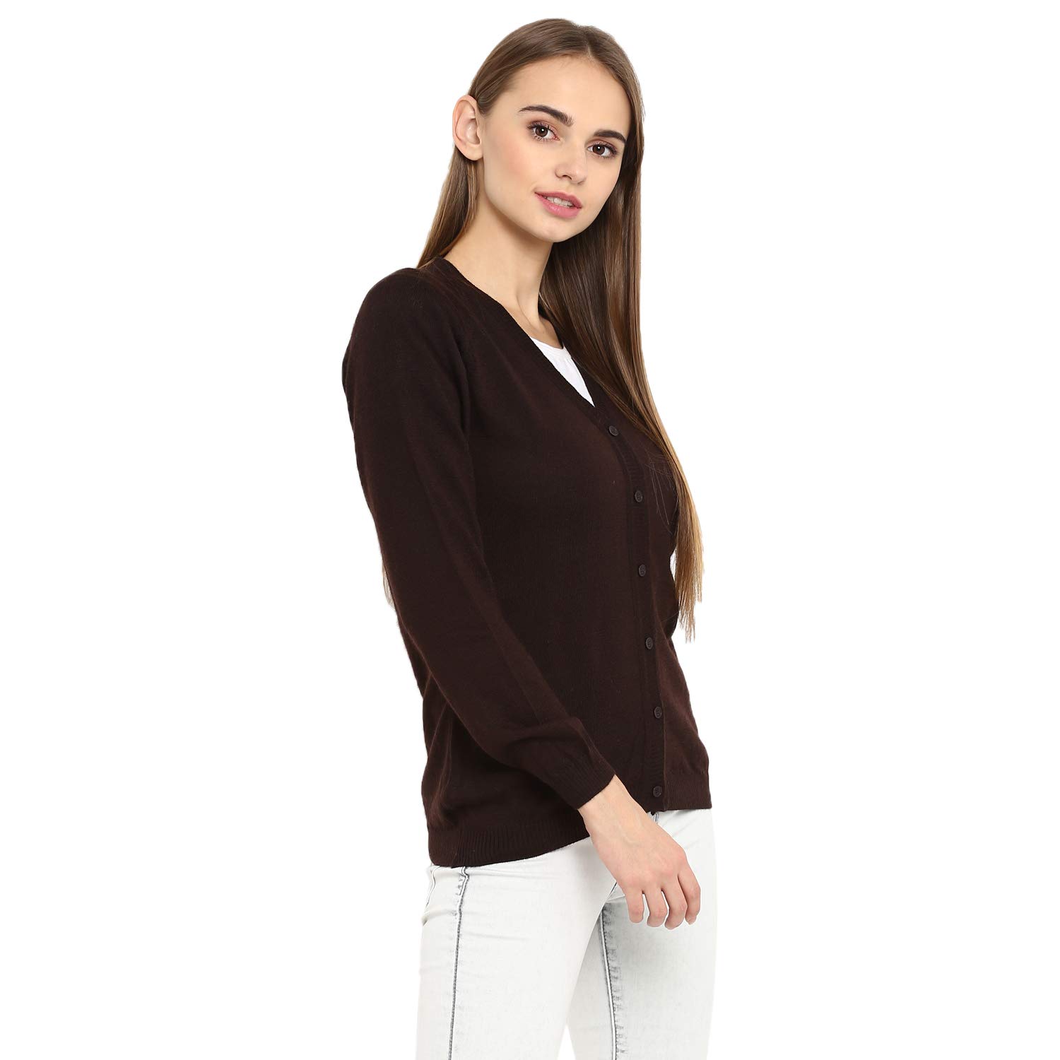 monte carlo dark brown solid pure wool v nack cardigan