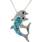 Jewelry Trends Sterling Silver Created Blue Opal with CZ Playful Dolphins Pendant with Chain Necklace