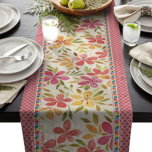 Cotton Linen Burlap Table Runner Small, Watercolor Flower Moroccan Plaid, for Wedding Party Holiday Dinner Home Decor