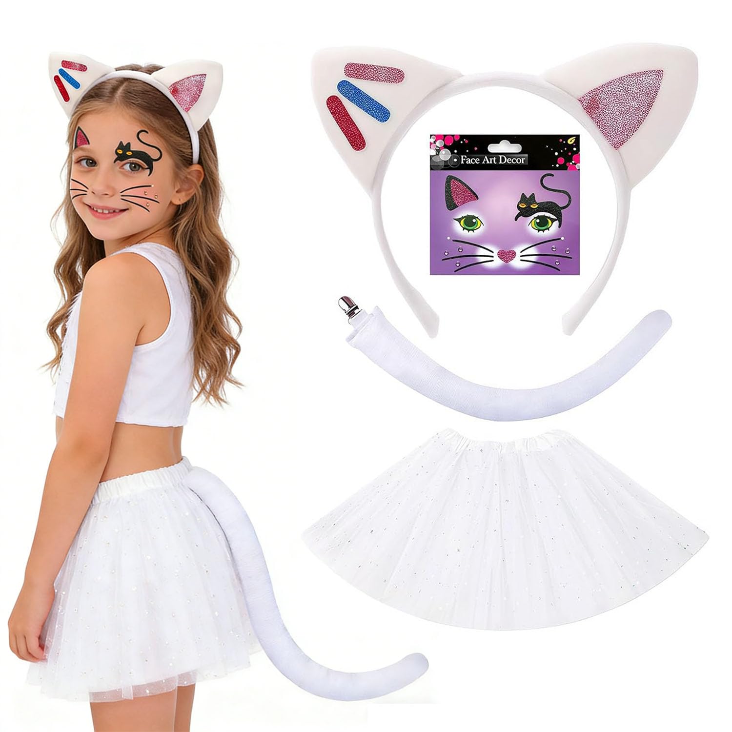 YUPDFGB World Book Day Thing Cat Costume Dress for Girls with Grey Cat Headband Nose Tail for World Book Day Cosplay Halloween Dress Up