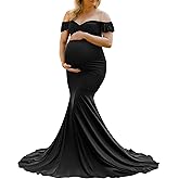 Saslax Off Shoulder Ruffle Sleeves Elegant Fitted Maxi Maternity Dress for Photoshoot Baby Shower