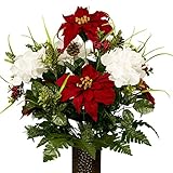 White Hydrangea and Red Poinsettias Artificial Bouquet, featuring the Stay-In-The-Vase Design(c) Flower Holder (MD1813)
