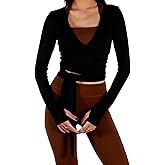 VFURYGD Women's Ballet Wrap Tops V Neck Long Sleeve Self Tie Slim Fit Workout Pilates Yoga Tops Dance Shirt