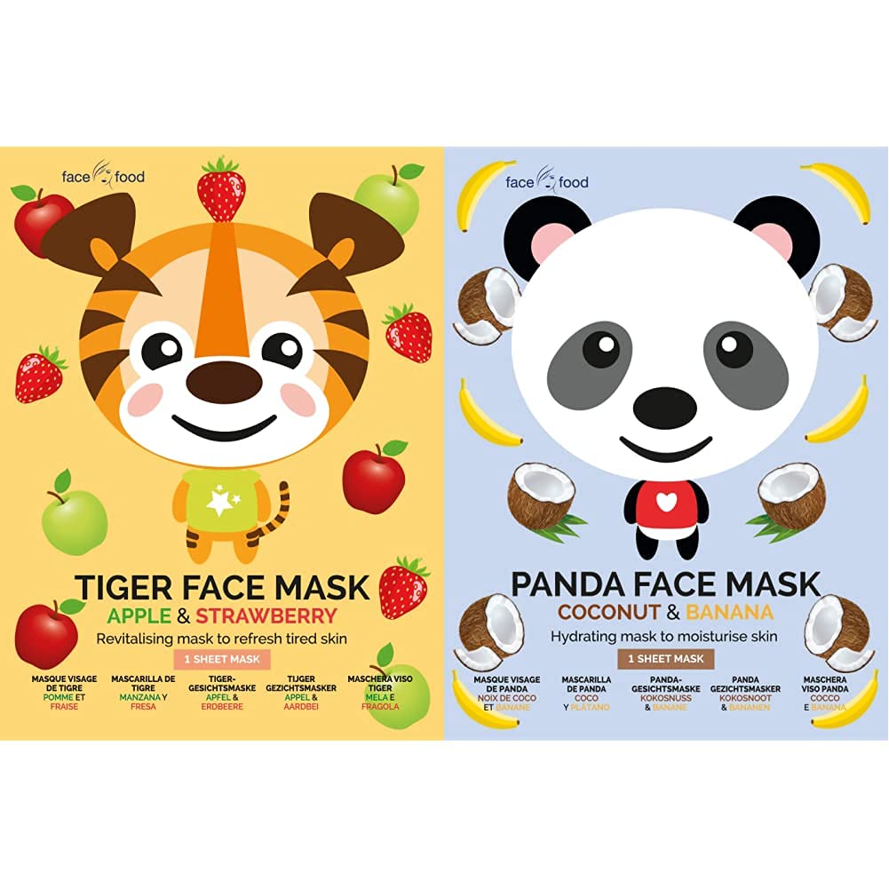 7th Heaven Face Food Tiger Sheet Face Mask Apple And Strawberry Revitalising Mask To Refresh Tired Skin, 0.021 Kg & Panda Face Sheet Mask with Coconut & Banana to Hydrate & Moisturise Skin