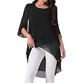 Seta T Women's High Low Tops Scoop Neck Chiffon Blouse Asymmetrical Loose Shirt 3/4 Sleeve Casual Summer Tops
