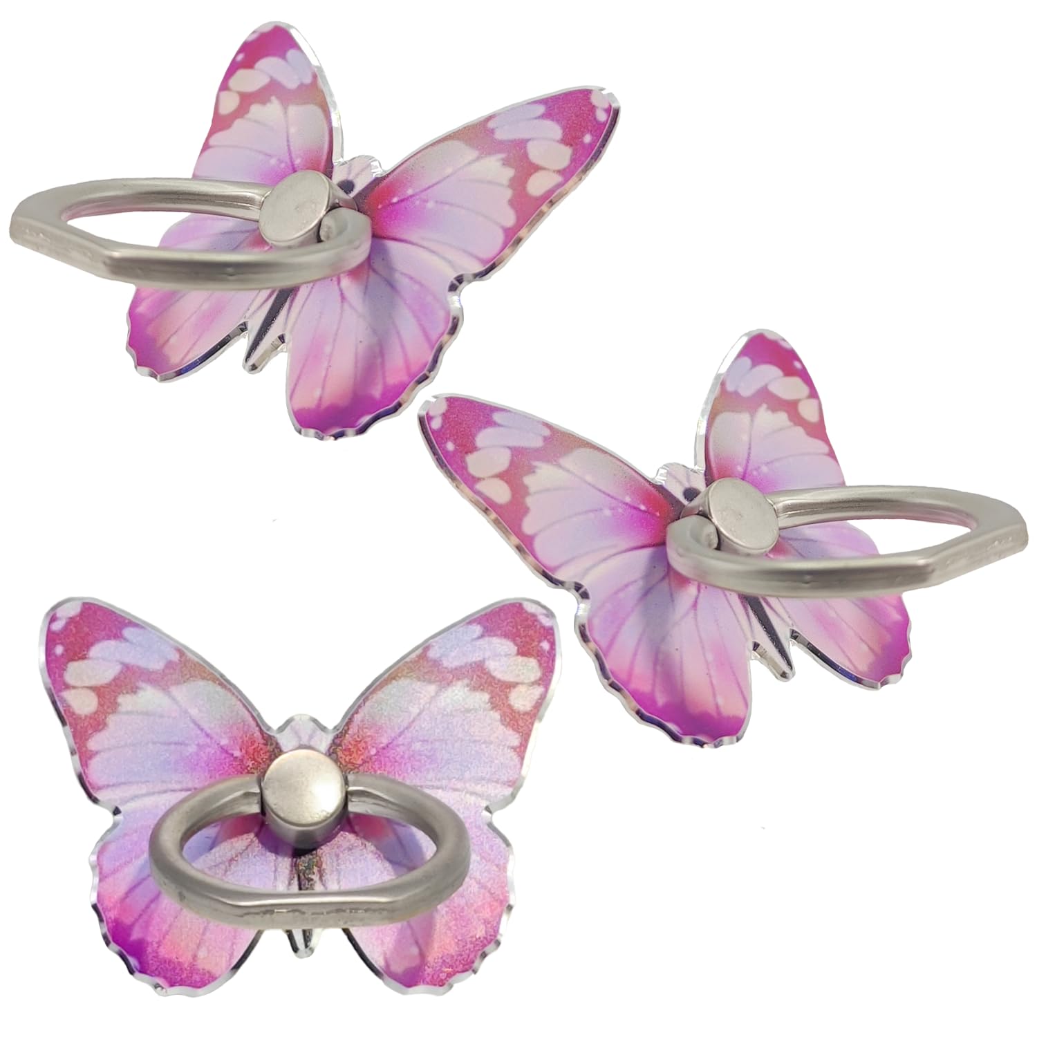 3 Pcs Butterfly Cell Phone Ring Stand Holder, Cute Butterfly Design Finger 360° Rotating Metal Hand Phone Stand Holder, with Adjustable Knob Loop (threePink)