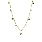QueenBee 925 Sterling Silver 18K Gold Plated Green Teardrop Pendant Necklace for Women, Emerald Color CZ Station Chain, Adjustable 40+5cm, Christmas Valentine’s Day Mother’s Day Gift