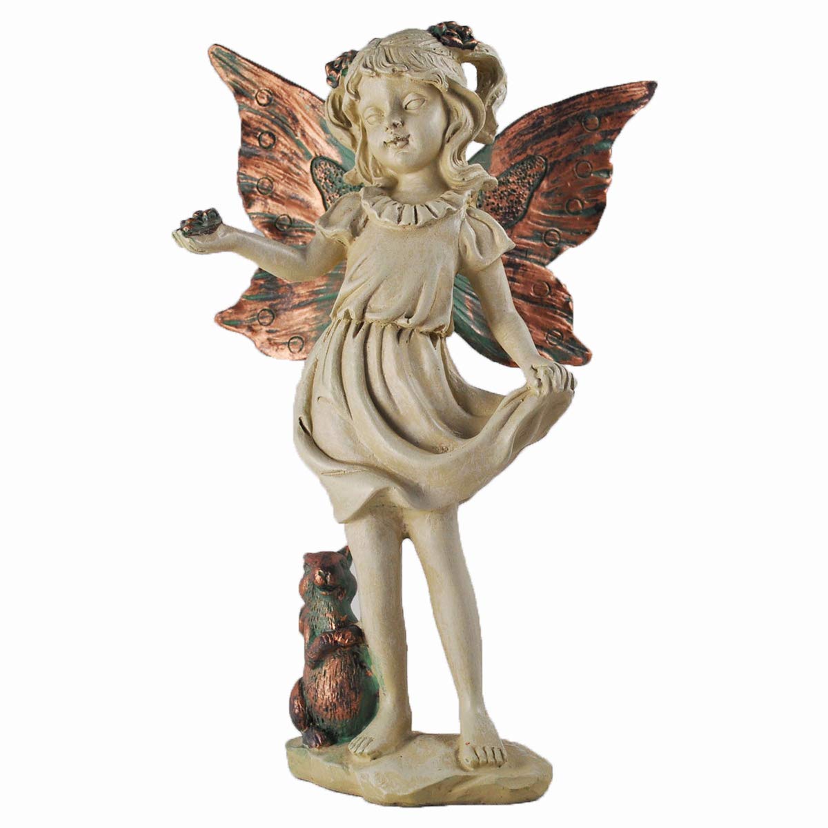 Prezents.com Forest Fairy with Squirrel Copper Winged White Sculpture Figurine Art Deco Girl Garden Home Decor Gift H19cm