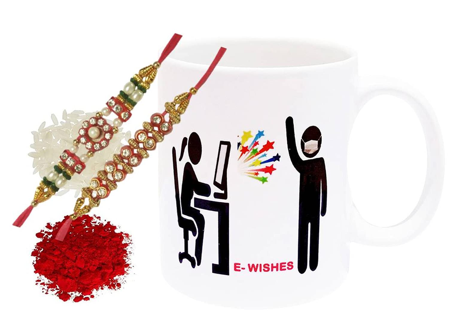 Purpledip Bhai Dooj Rakhi Hamper: E-Wishes Ceramic Mug, 2 Designer Rakhi & Roli Chawal (rakhi64a)