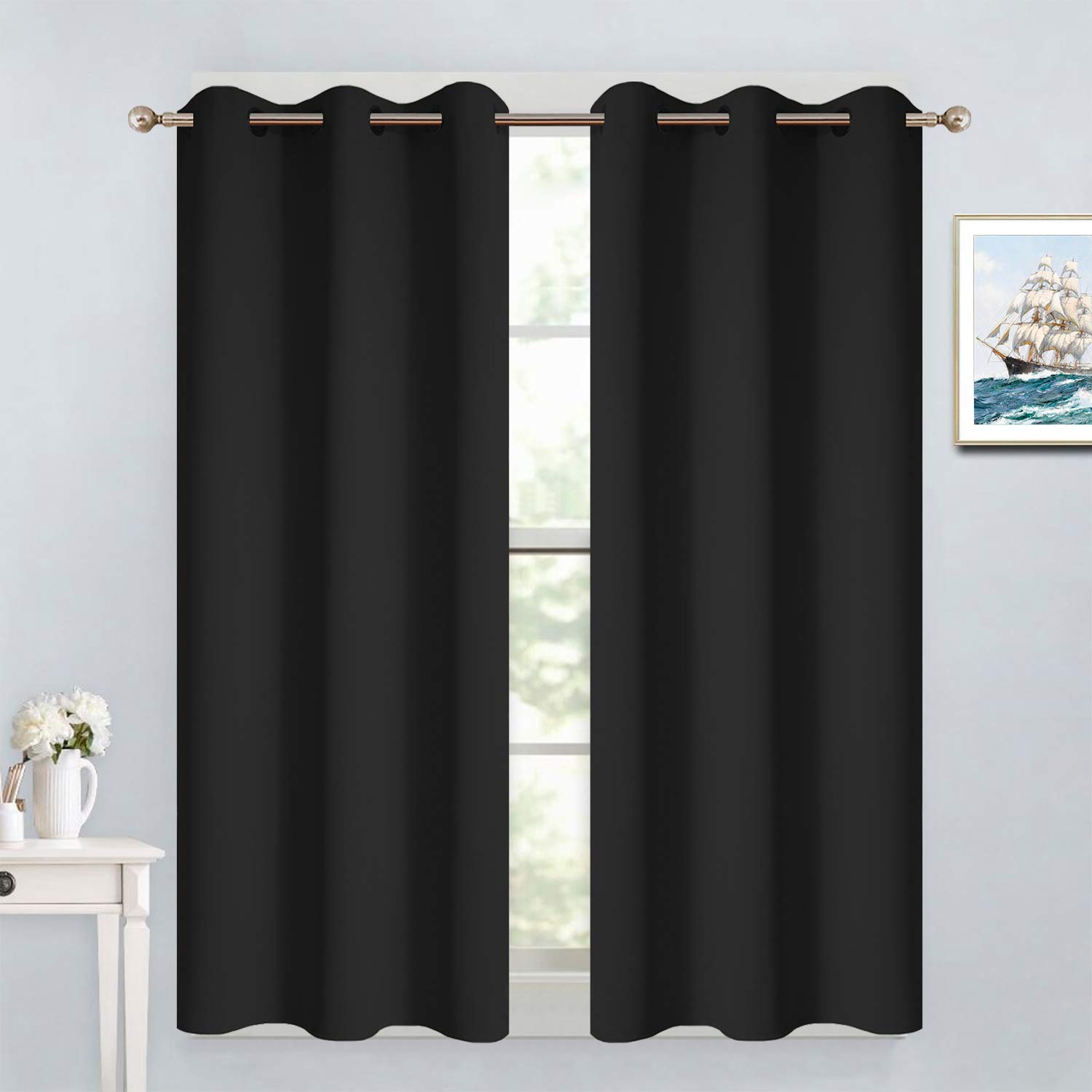 Yakamok Blackout Curtains for Bedroom - Grommet Thermal Insulated Room Darkening Curtains for Living Room, Set of 2 Panels (38 x 54Inch, Black)