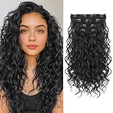 AISI BEAUTY Black Hair Extensions Clip in 16 Inch Curly Clip in Hair Extension 4 PCS Synthetic Bouncy Hairpieces for Women(Black)