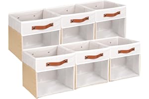HNZIGE 11 Inch Foldable Fabric Storage Cubes - Clear Bins for Shelves, Canvas Cube Organizer Bins (White Beige 6 PCS)