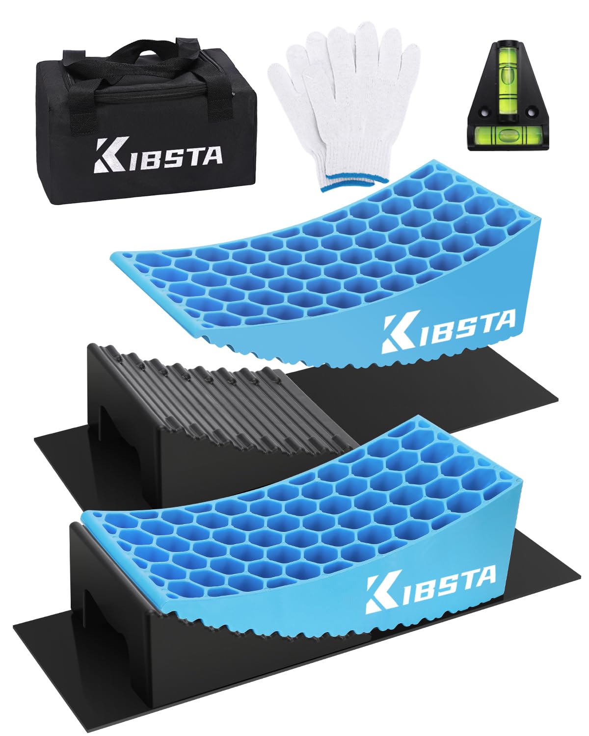 Photo 1 of KIBSTA RV Leveling Blocks, 2 Packs RV Leveling System, Up to 35,000LBS Camper Leveling Blocks with 2 Chocks, 2 Anti-Slip Mats and 1 Bubble Level, Easy Storage RV Accessories for Travel Trailers, Blue