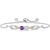 Gem Stone King E-F Lab Grown Diamond Purple Amethyst 0.99 Ct 925 Silver and 10K Yellow Gold Bracelet