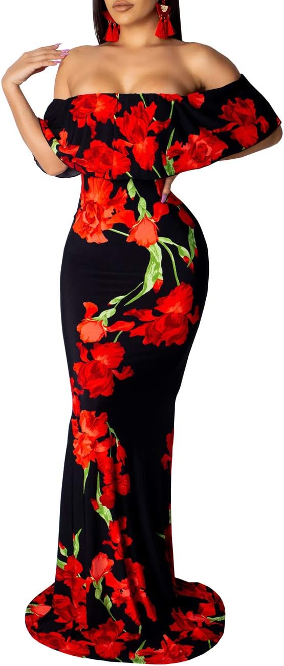 Women's Off Shoulder Dress Hawaiian Floral Evening Gown Long Maxi Dress
