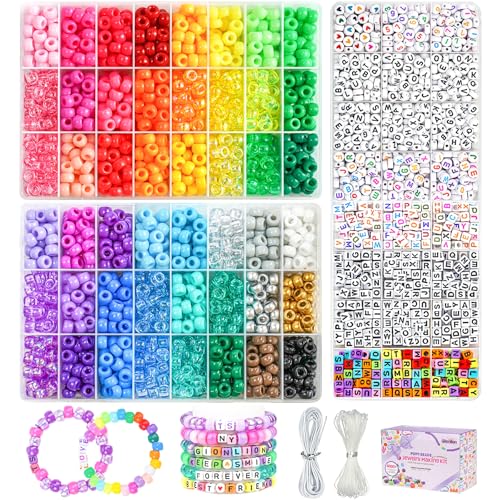 Gionlion 4200Pcs Pony Beads for Bracelet Making Kit, 48 Colors Kandi Beads Bracelet Kit, 2500pcs Rainbow Candy, 1700pcs Friendship Letter Bead with 20 Meter Elastic Strings for Jewelry Making