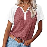 Womens Shirts Summer Henley V Neck Color Block Tshirts Raglan Short Sleeve Casaul Trendy Tops