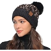 C.C Sequin Pom Beanie for Women - Acrylic Stretchable Soft Warm Knit Winter Skully Hat with Yarn Pom