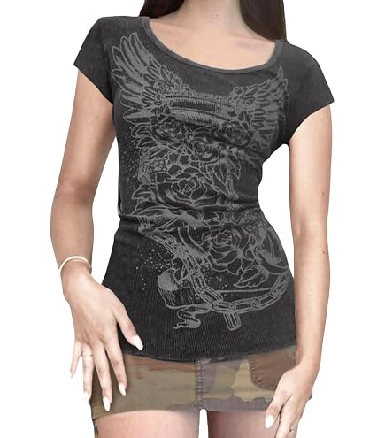 Women's Gothic Crop Tops Skull Print Short Sleeve Round Neck T